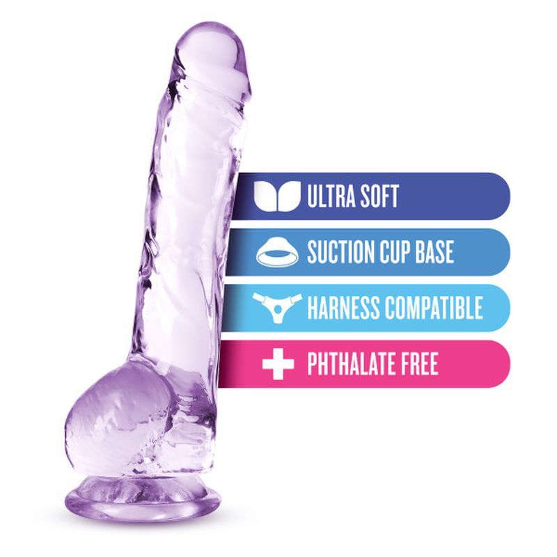Naturally Yours 8 inch crystal dildo in amethyst color with suction cup base and harness compatibility features.