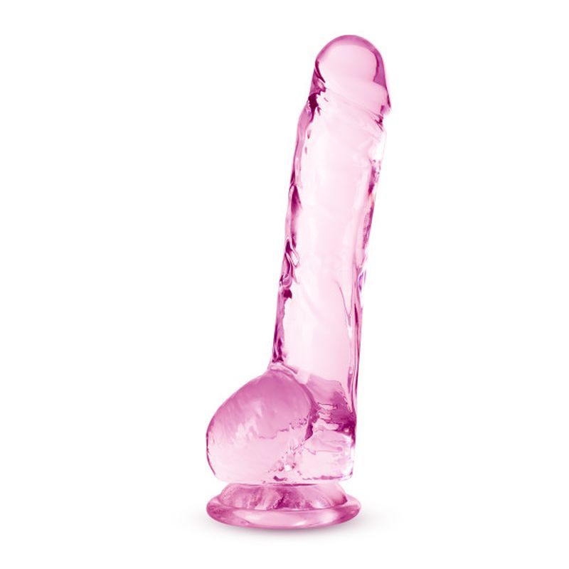 8 inch crystal dildo in pink color with realistic design and suction cup base for versatile use.