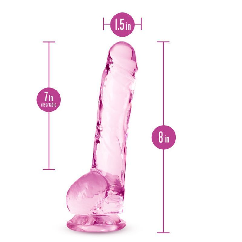 8 inch crystal dildo in pink color with detailed size measurements for realistic pleasure