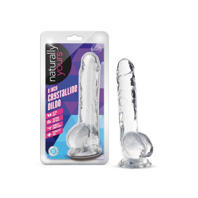 Naturally Yours 8 inch crystal dildo in packaging showcasing its lifelike design and suction cup base.
