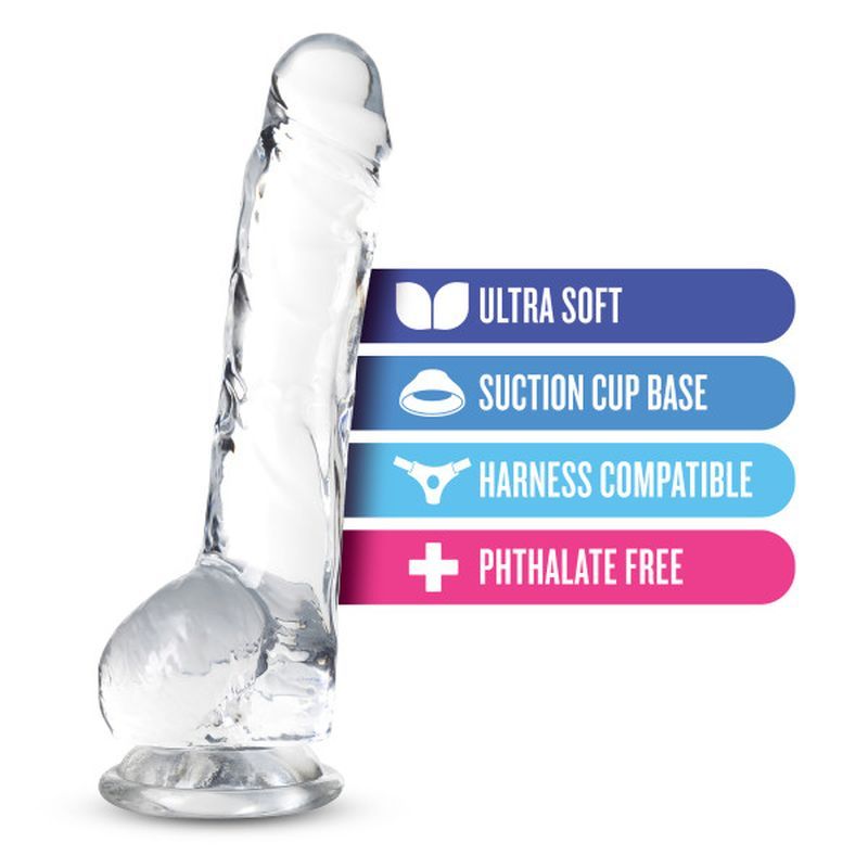 Naturally Yours 8 inch crystal dildo with suction cup base, ultra soft, harness compatible, and phthalate free.