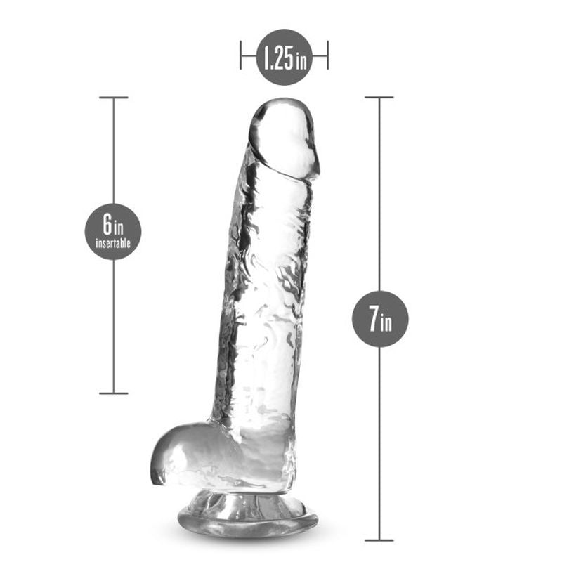 7 inch crystal dildo with suction cup base, dimensions 7in height and 1.25in width for realistic pleasure.