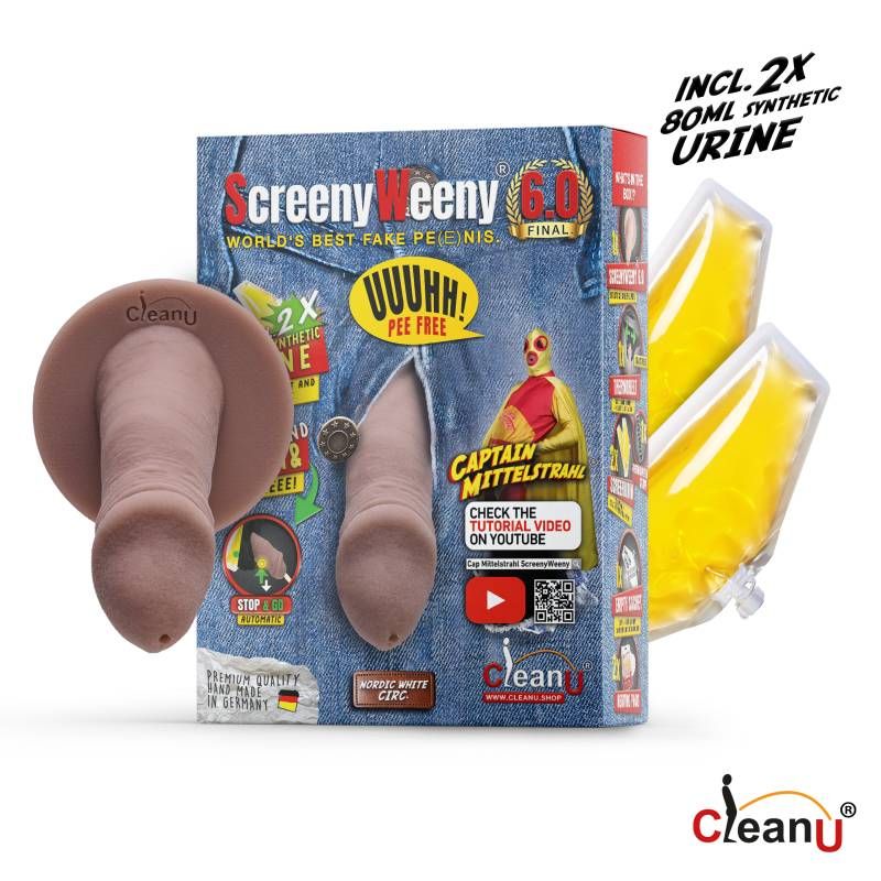 Screeny Weeny 6.0 product box with fake penis for synthetic urine and two yellow synthetic urine containers.