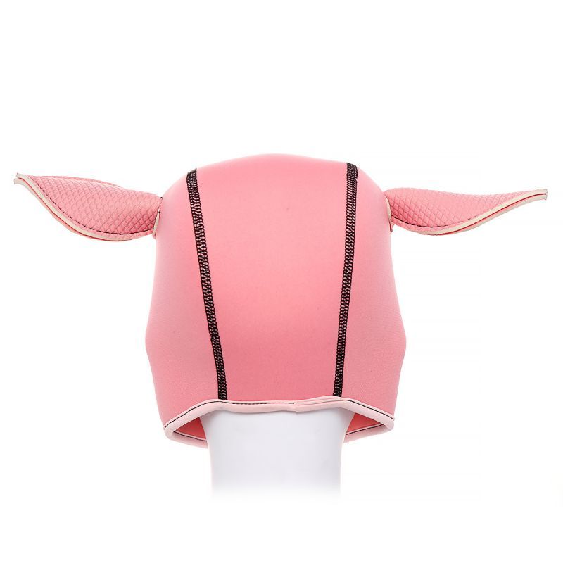 Back view of a pink neoprene pig mask showing ears and smooth finish.