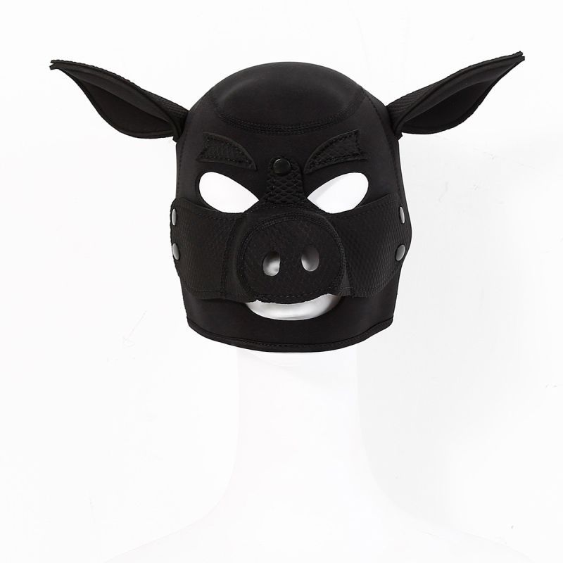 Neoprene Pig Mask Black featuring ears and a detachable mouthpiece, made from comfortable neoprene rubber.