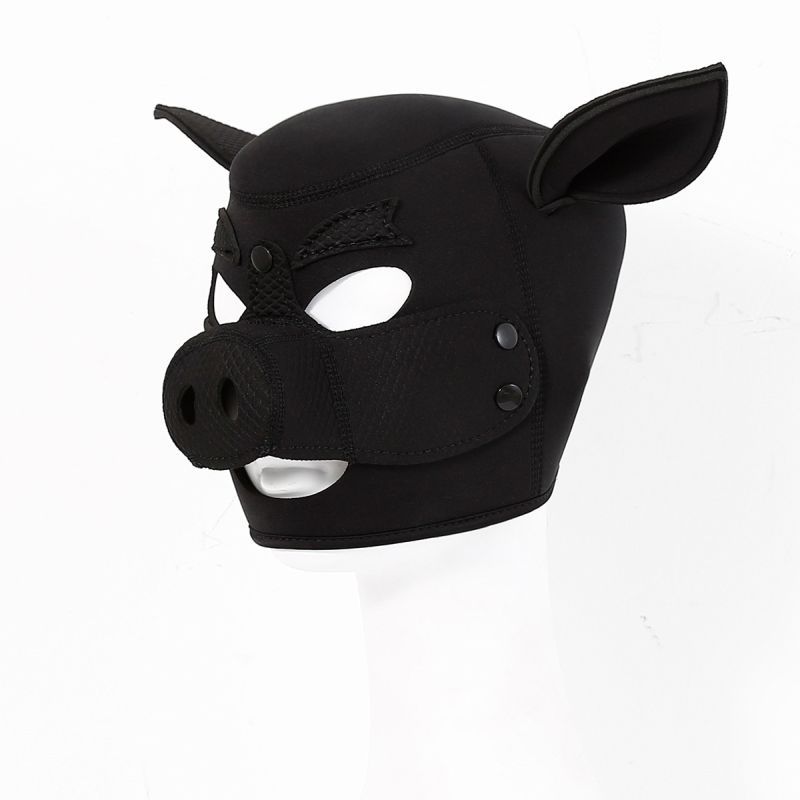 Neoprene Pig Mask Black showcasing a comfortable fit with ears and detachable nose, perfect for adult entertainment.