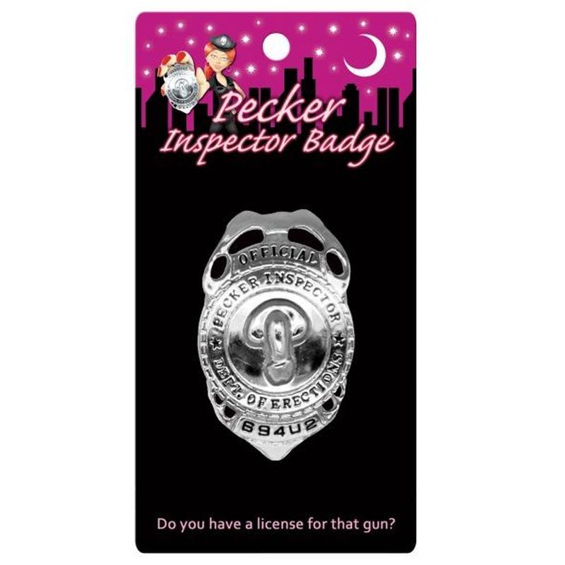 Pecker Inspector Badge with silver design, perfect for fun parties and adult celebrations.