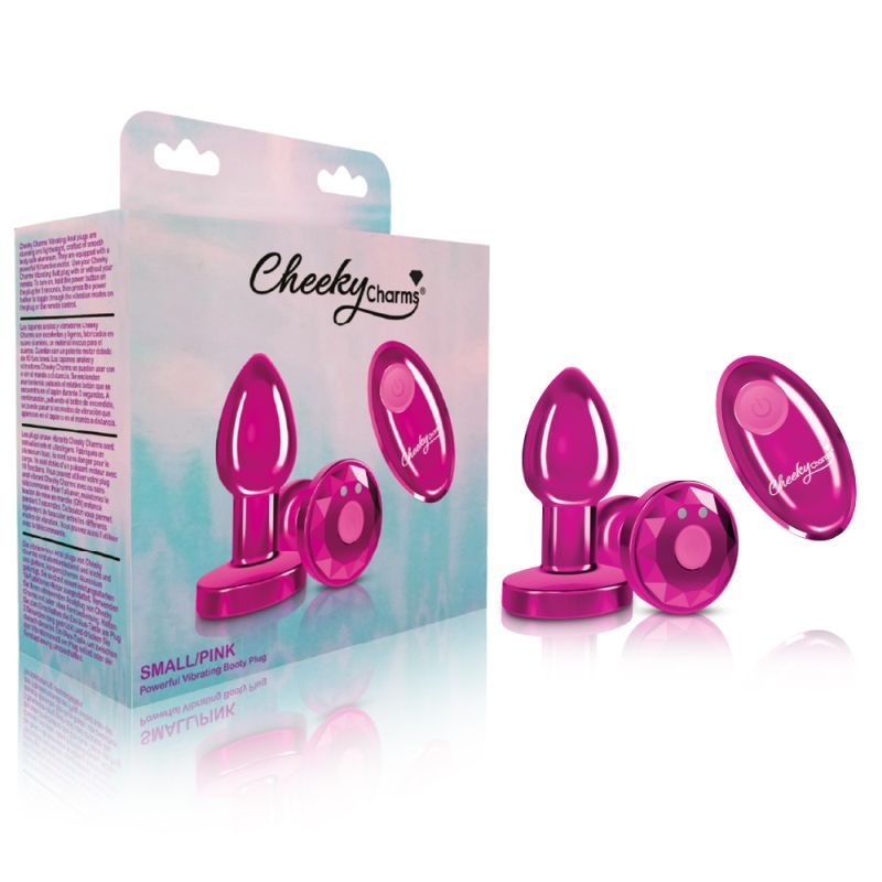 Cheeky Charms pink rechargeable vibrating butt plug with remote in packaging.