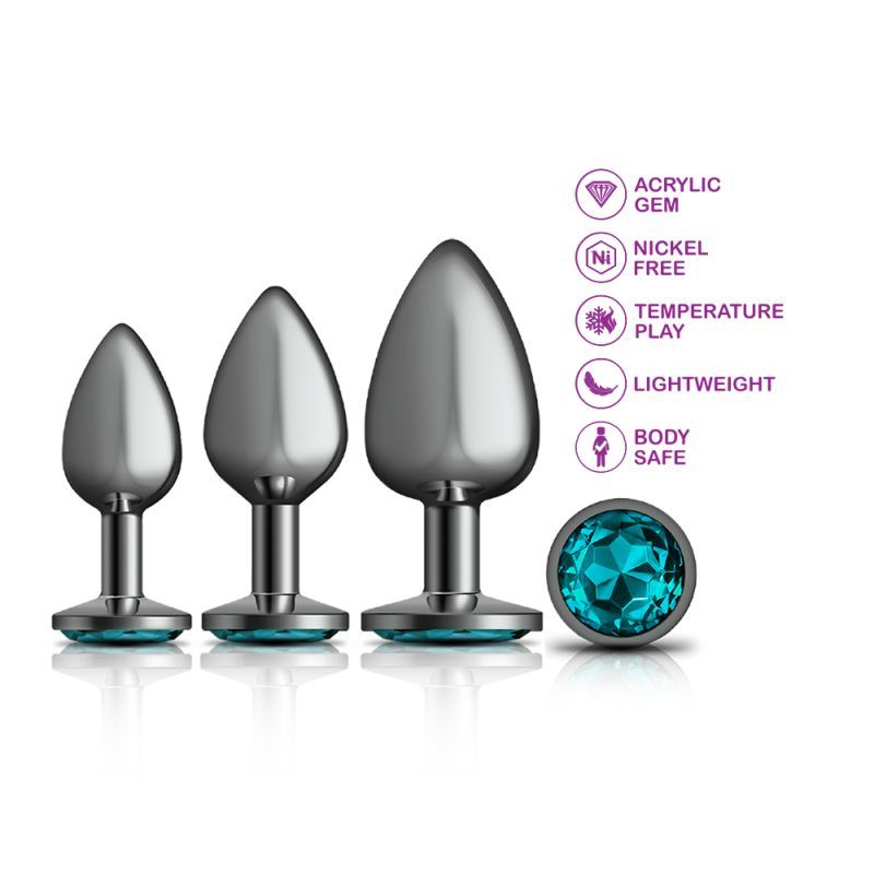 Cheeky Charms metal butt plug kit featuring three teardrop shaped plugs with teal acrylic gem.