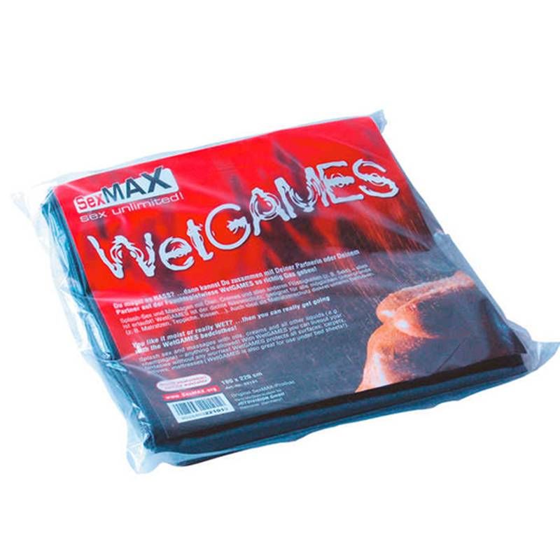 SexMAX WetGAMES black waterproof sex sheet packaging for messy adventures and easy cleanup.