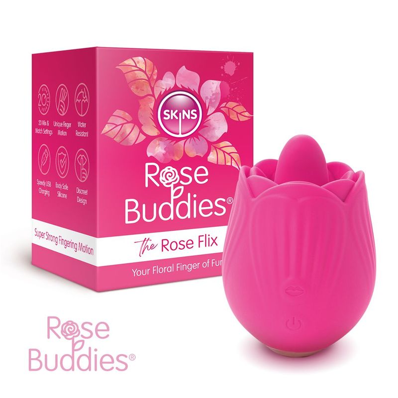 Skins Rose Buddies The Rose Flix, a discreet silicone clitoral vibrator with unique finger motion, in a vibrant pink design.