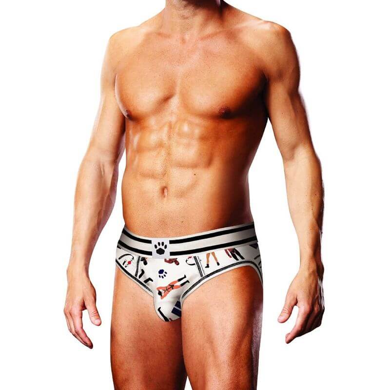 Man wearing Prowler leather open-back briefs with playful illustrations in a stylish pose.