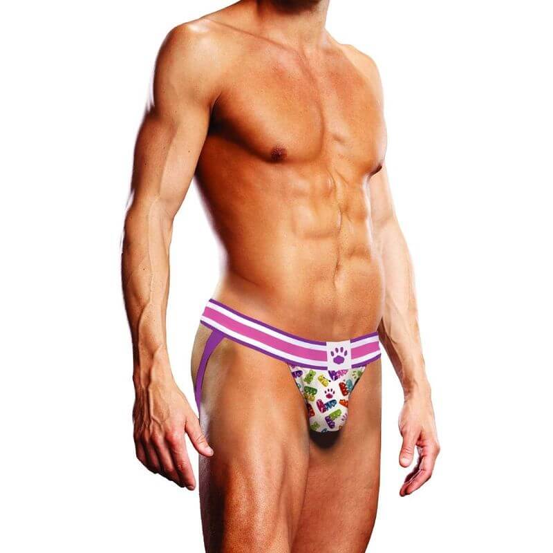Prowler Gummy Bears Jockstrap featuring purple striped waistband and gummy bear print.