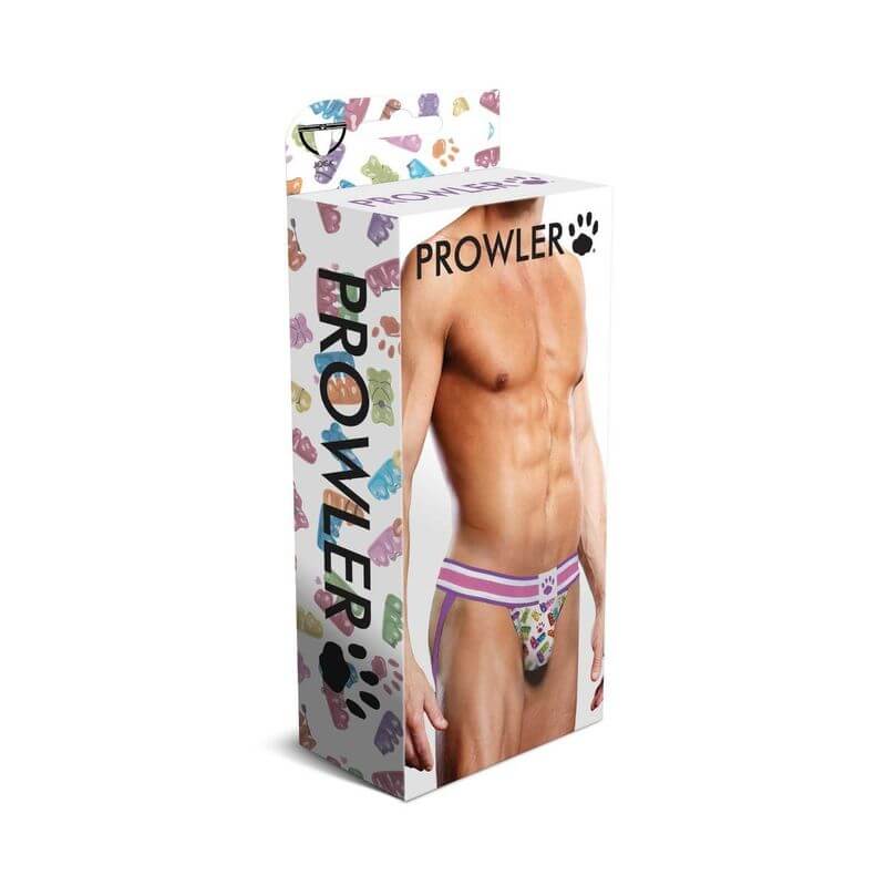 Prowler Gummy Bears Jockstrap packaging featuring a model wearing a colorful jock.