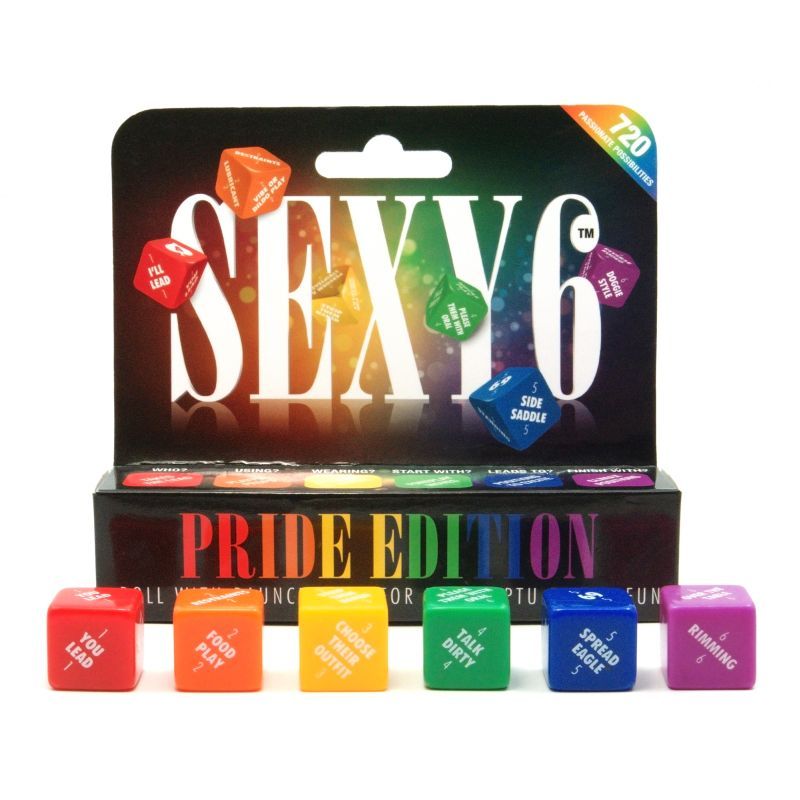 Image of Sexy 6 Pride Edition sexy dice game with colorful dice and packaging for fun intimacy scenarios.