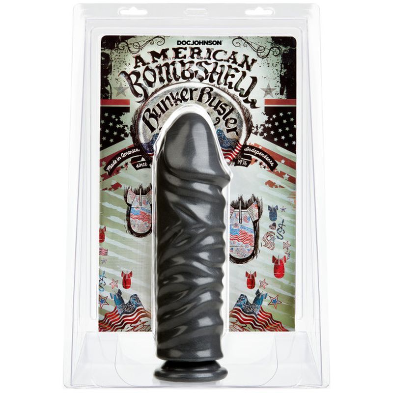 Bunker Buster 10.7 inch anal dildo in gun metal packaging, featuring ribbed design and suction cup base.