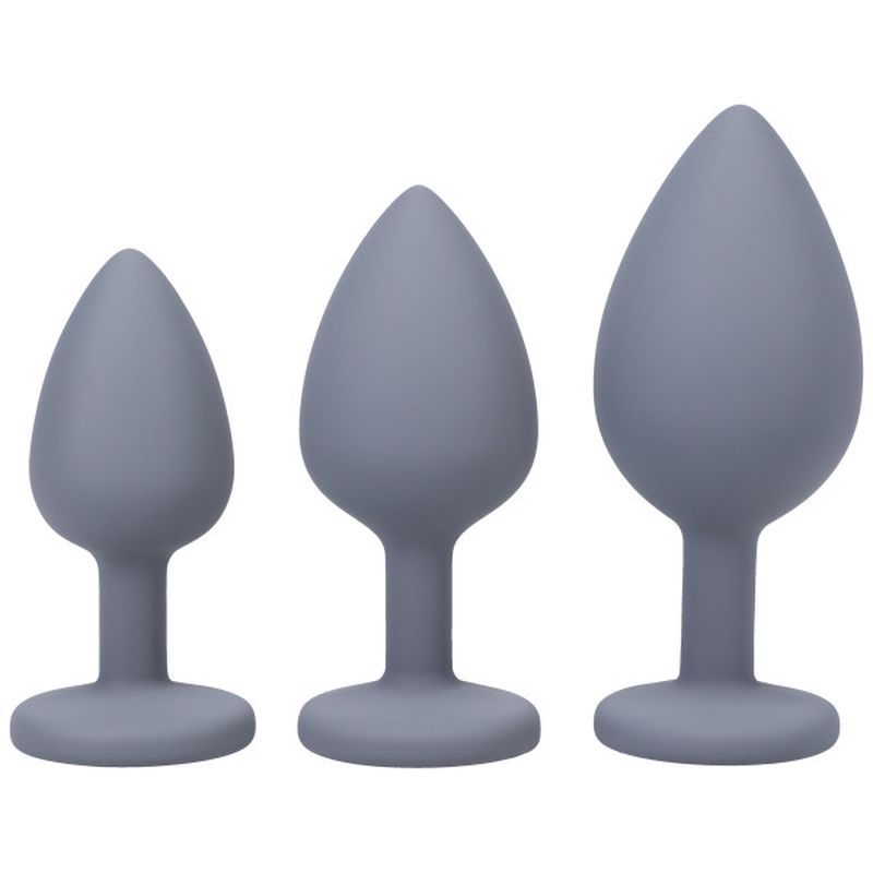 Silicone anal trainer set includes three grey spade butt plugs in varying sizes for beginners and anal play.