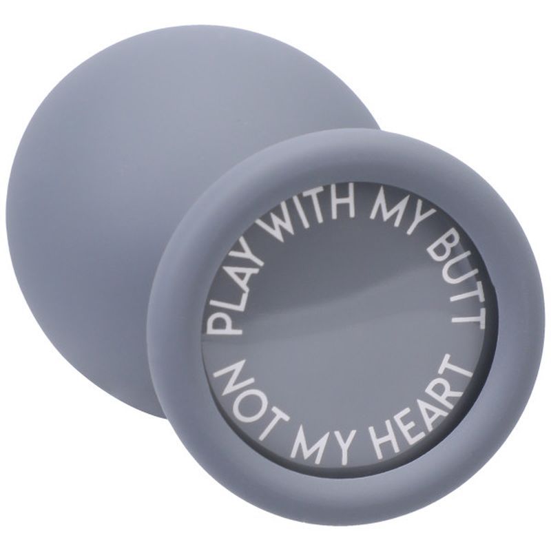 Silicone anal trainer set featuring a grey butt plug with playful text for comfortable anal play.