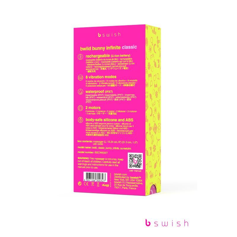 Bwild Bunny Classic Infinite Sunset Pink rechargeable rabbit vibrator packaging showcasing features and specifications.