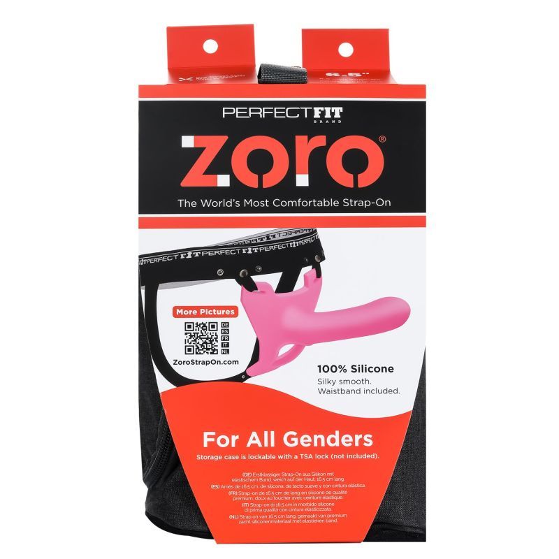 Zoro Strap-On 6.5in Pink packaging showcasing strap-on dildo with body contour design for enhanced comfort and control.