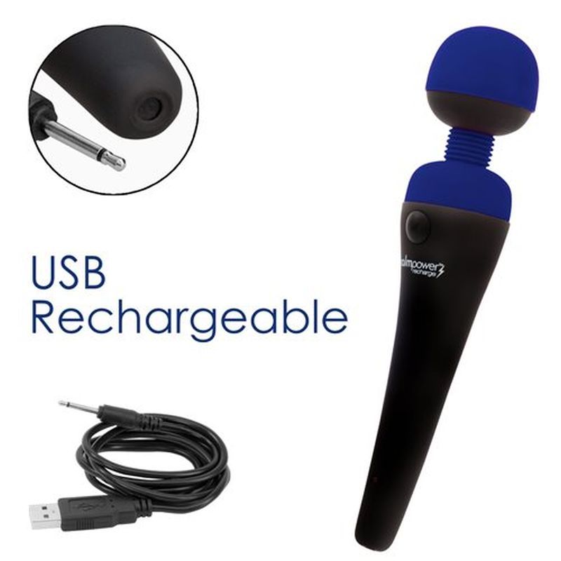 Cordless massage wand in blue, USB rechargeable, featuring a powerful motor and flexible head for effective massage.