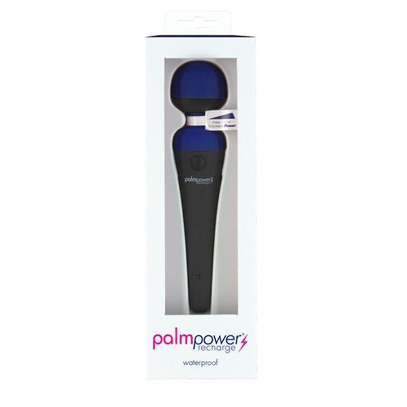 PalmPower Massage Wand Blue in packaging, cordless massage wand designed for powerful performance and waterproof use.