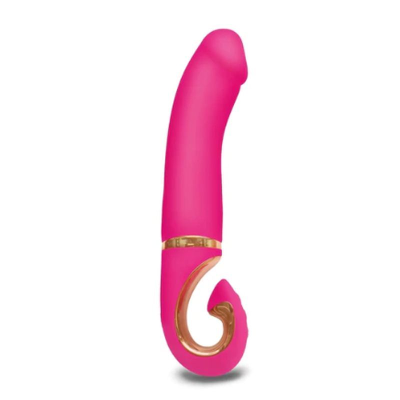 G-Jay mini vaginal vibrator in pink with a sleek design and golden accents, made of Bioskin material.