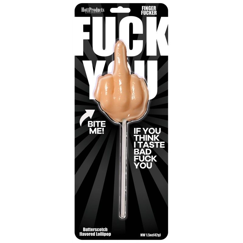 Fuck You Finger Fucker Lollipop in butterscotch flavor with unique finger design, perfect for adult novelty fun.
