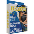 Packaging for Toy Cop inflatable sexy cop doll featuring vibrant graphics and playful text.