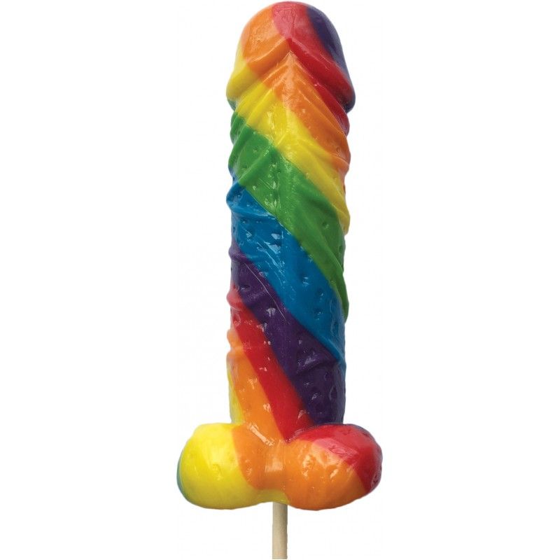 Rainbow Cocksicle Lollipop - Pecker shaped lollipop with multi-fruit flavors in vibrant rainbow colors.