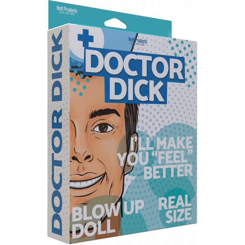 Doctor Dick inflatable doctor doll packaging featuring fun graphics and playful text.