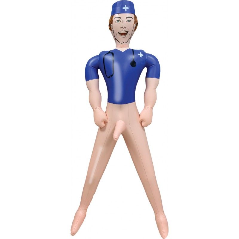 Inflatable doctor doll with a smiling face, wearing scrubs and a stethoscope, perfect for fun and entertainment.