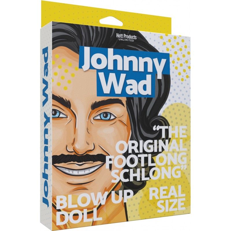 Johnny Wad Inflatable Doll packaging featuring the product name and description of its features, inflatable sex doll.