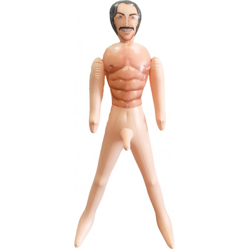 Inflatable sex doll featuring a muscular design with a smiling face and a visible 9-inch penis for adult play.
