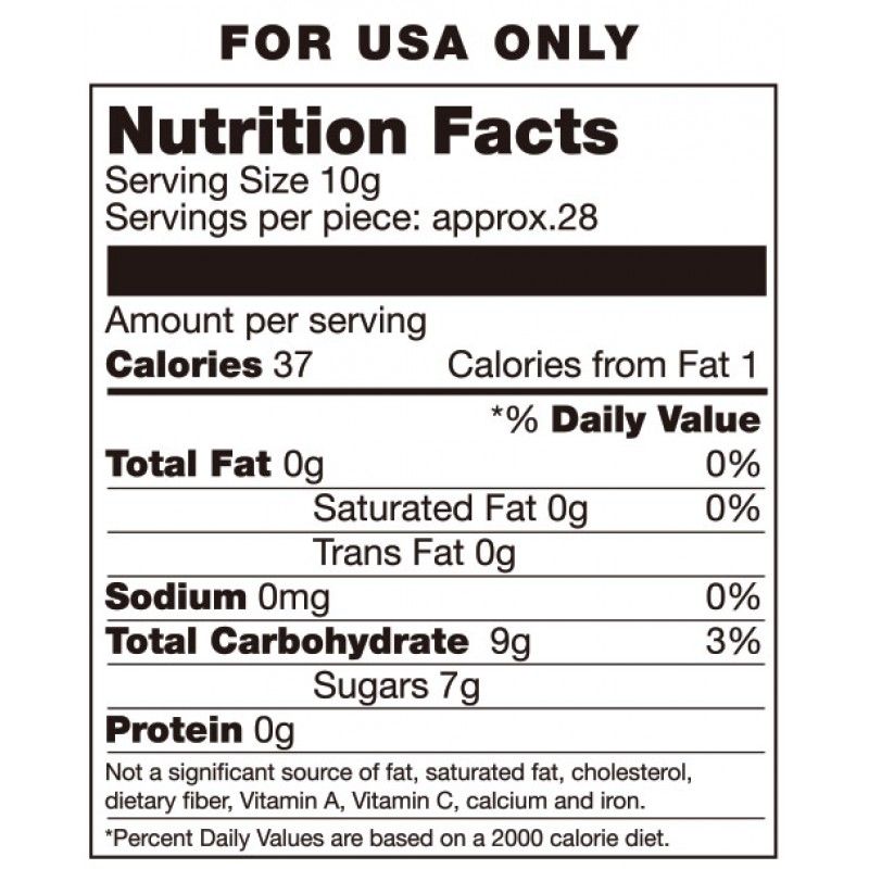Nutrition facts for edible candy bra, serving size 10g, total calories 37 per piece.