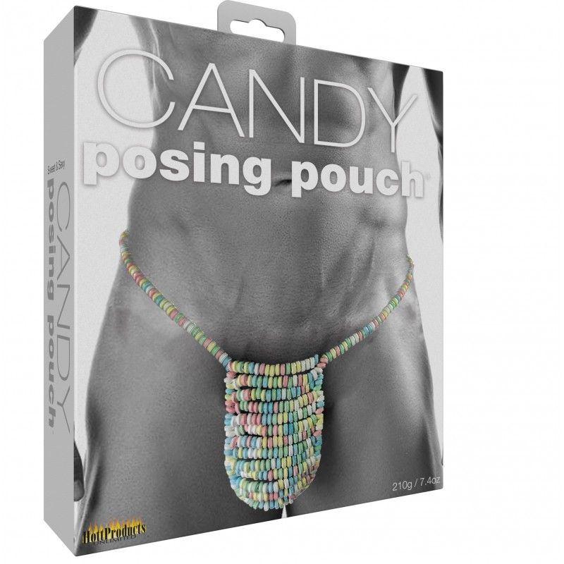 Candy posing pouch packaging with colorful candy design for fun and playful men's wear.