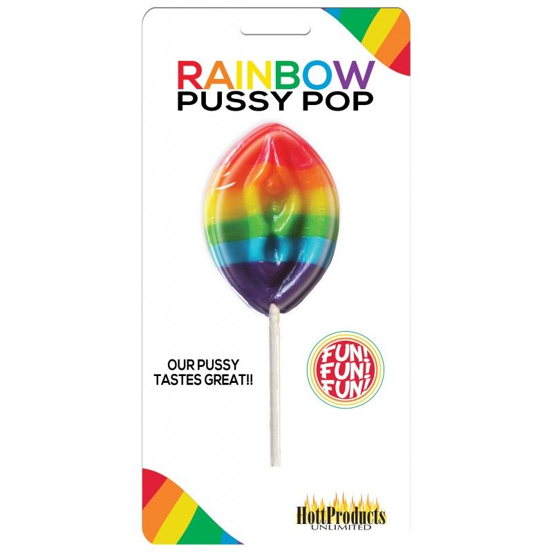Rainbow Pussy Pop candy lollipop packaging featuring multi-flavored rainbow design and playful branding.
