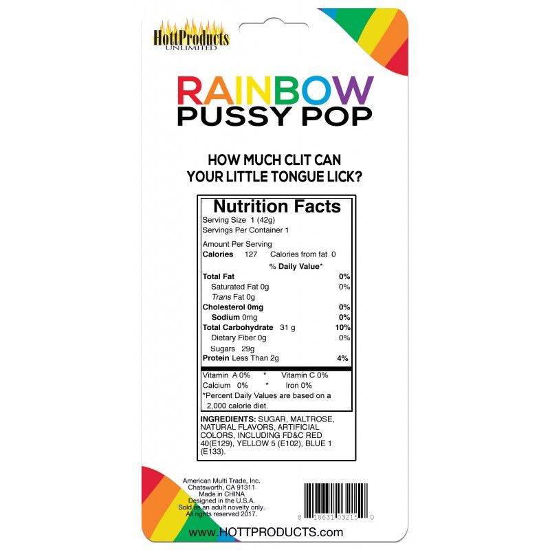 Nutrition facts for Rainbow Pussy Pop lollipop, showcasing multi-flavoured ingredients of rainbow candy lollipop.