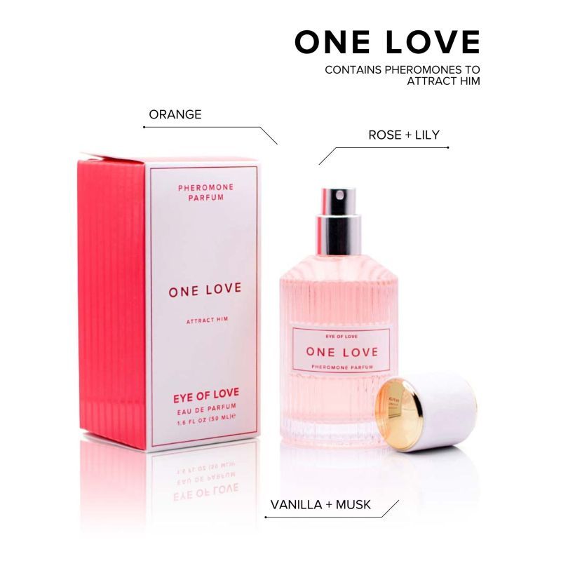Pheromone Body Spray One Love Attract Him 50ml with floral notes of rose, lily, orange, vanilla, and musk.