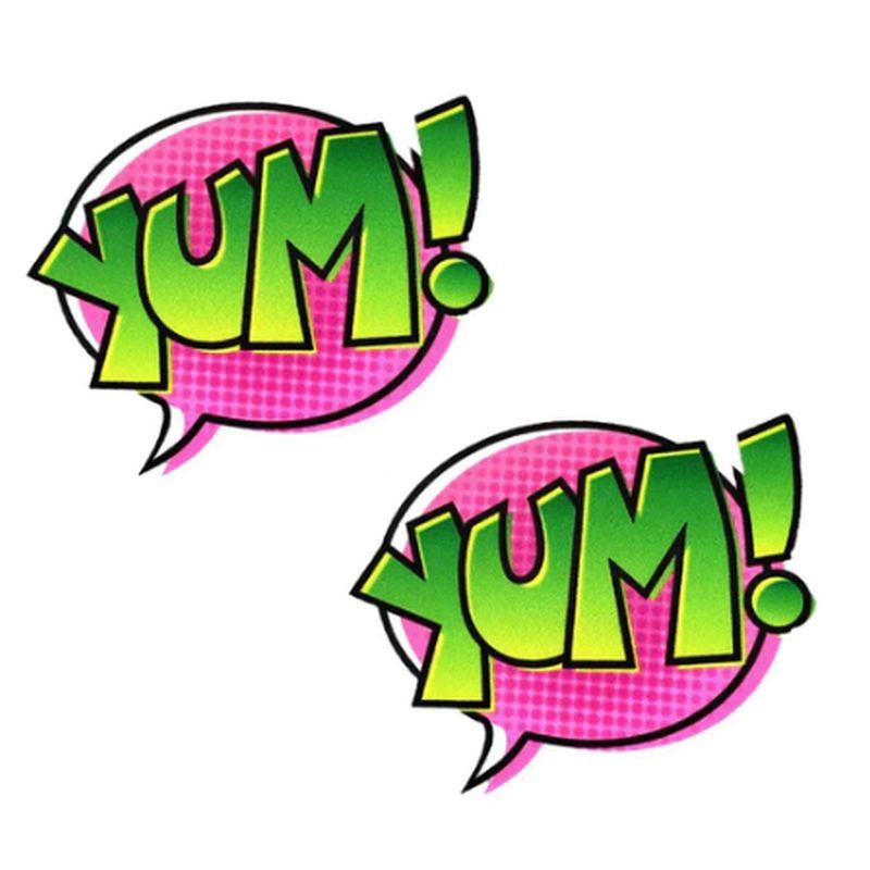 YUM speech bubbles in pink and green design showcasing playful text, representing Nipztix pasties for fashion emergencies.