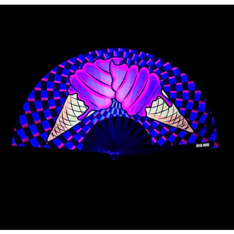 Ice cream folding fan featuring colorful ice cream cones on a 3D checkered backdrop, perfect for festivals.