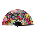 Colorful design of a blacklight butterfly folding fan featuring vibrant butterflies on a floral background.