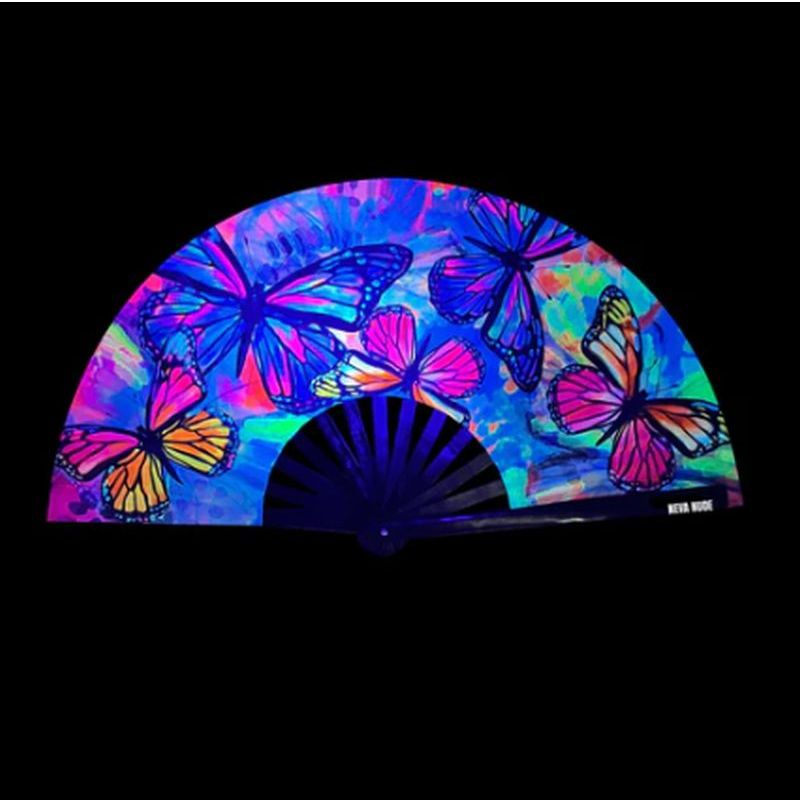 Colorful blacklight butterfly folding fan showcasing vibrant butterfly designs on a black background.