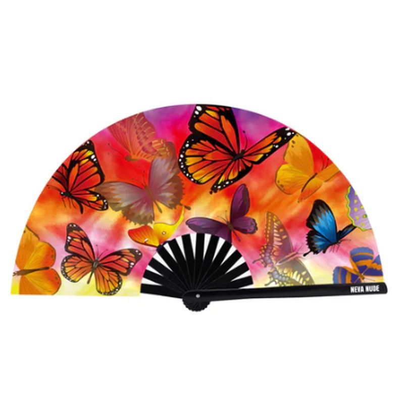 Butterfly Garden Blacklight Folding Fan with vibrant butterflies and florals, perfect for festivals and keeping cool.