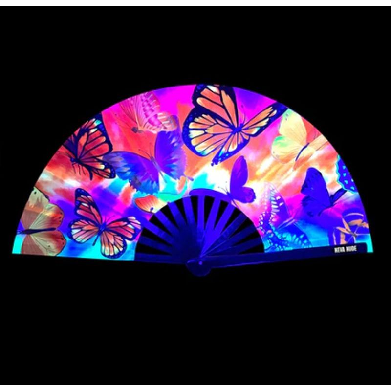 Butterfly Garden Blacklight Folding Fan featuring vibrant butterflies and florals for summer festival fun.