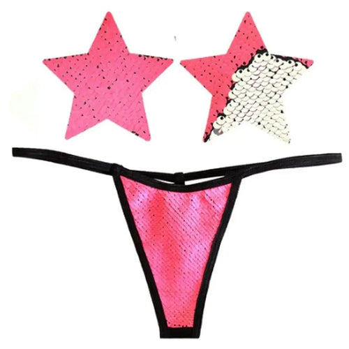 Bitchin Neon Pink and Silver Blacklight Sequin Pastie and Panty Set Neva Nude Discreet Intimate Essentials.