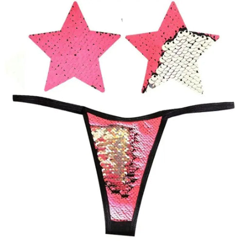Bitchin Neon Pink and Silver Blacklight Sequin Pastie and Panty Set Neva Nude Discreet Intimate Essentials.