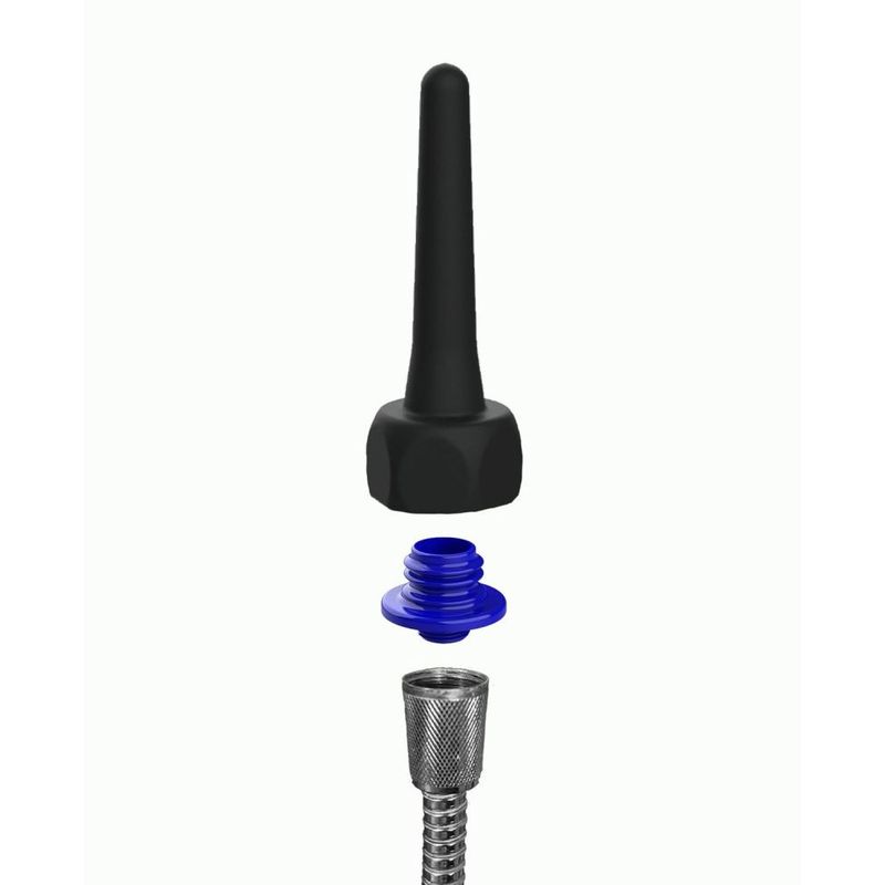 Close-up of black silicone enema nozzle with blue connection piece and metal adapter for easy cleaning.