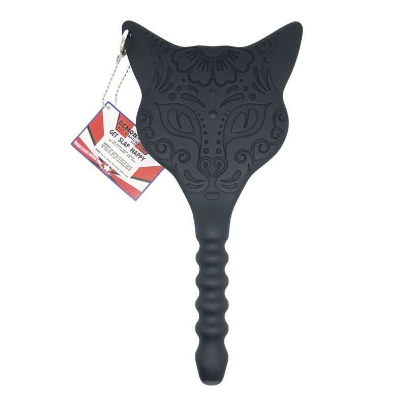 Demon Kat Paddle Dildo, a paddle dildo combo featuring a Day of the Dead cat face, made of medical grade silicone.