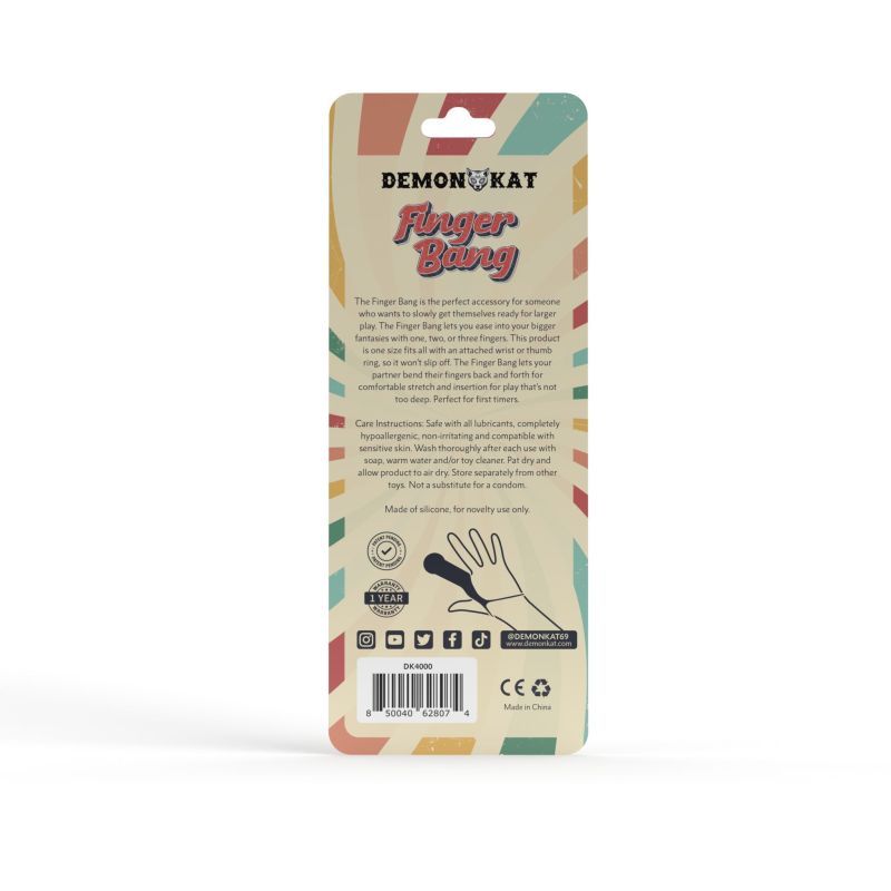 Back packaging of the Finger Bang adult accessory highlighting features and usage instructions.